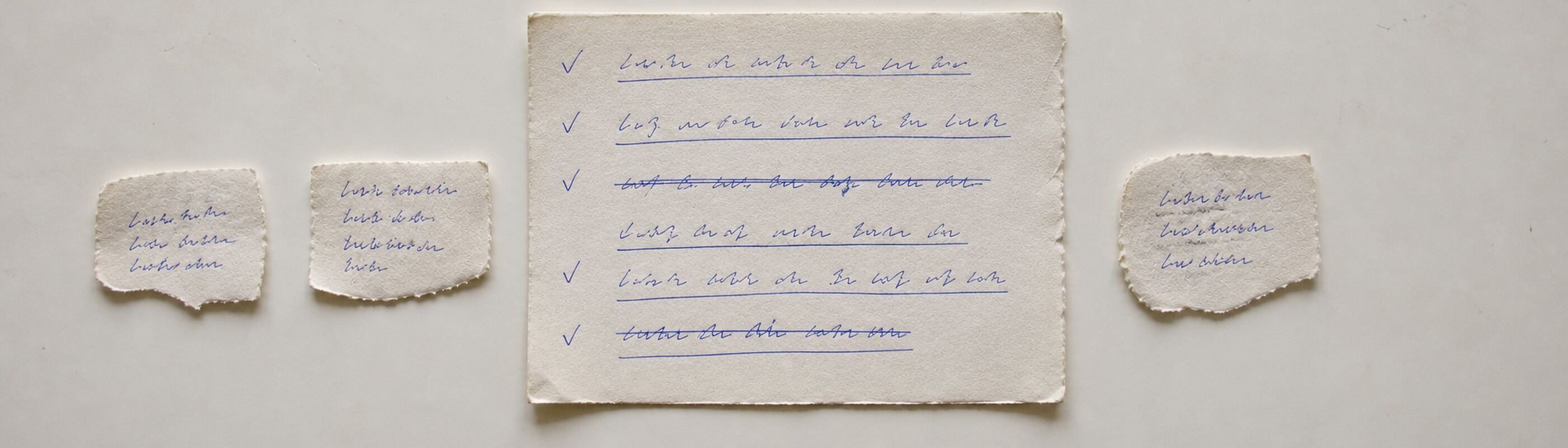 A handwritten page with several lines underlined in blue ballpoint, small ticks in the margin, and two lines struck through.